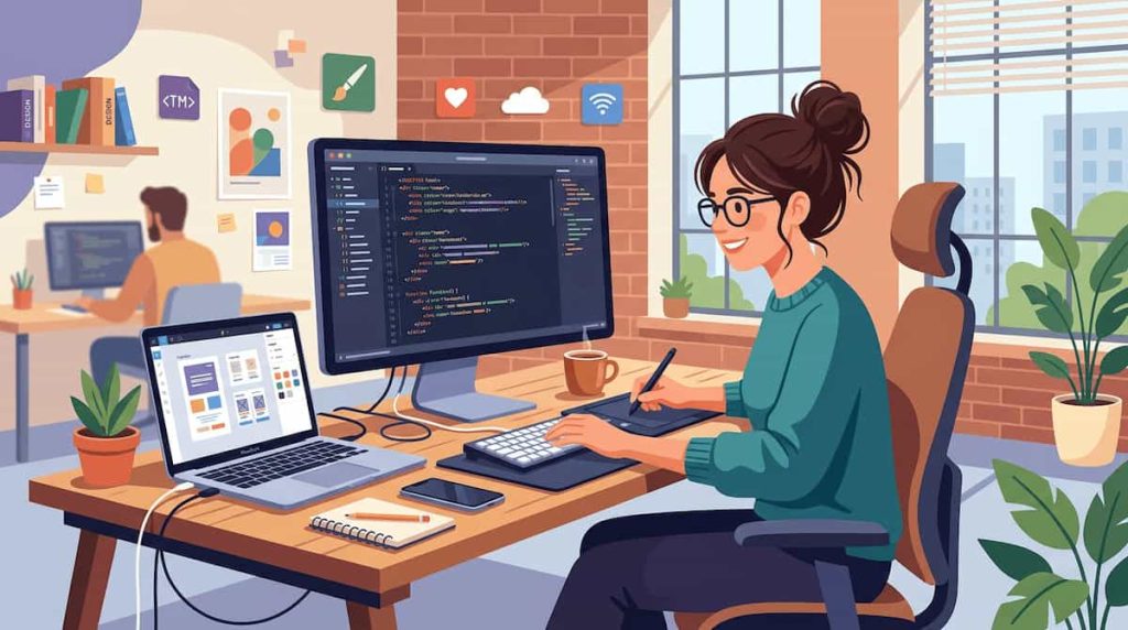 オフィスでコーディングを勉強しているデザイナー