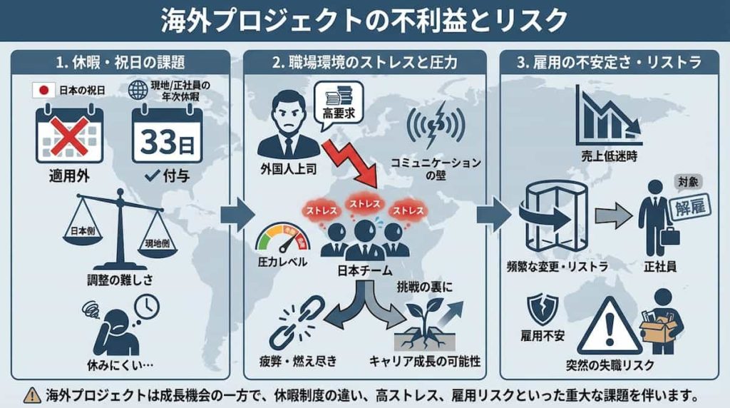 海外案件のデメリット・リスク 休日関連 環境によるストレス すぐリストラ(レイオフ)される