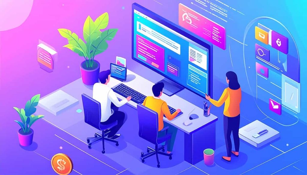 フロントエンドWeb開発を行うチームのアイソメトリックイラスト