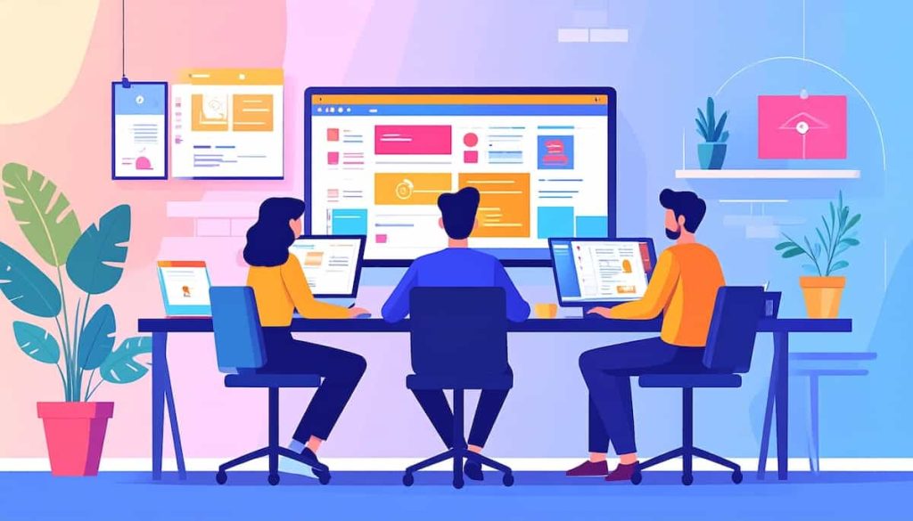 フロントエンドWeb開発を行うチームのフラットイラスト